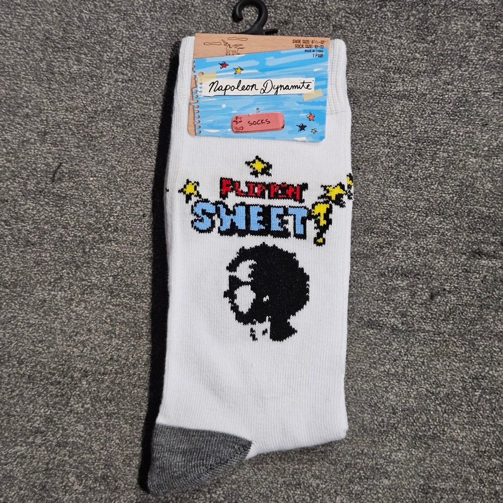 Napoleon Dynamite Flippin Sweet Mens Crew Socks White Grey Size 6.5-12 NWT